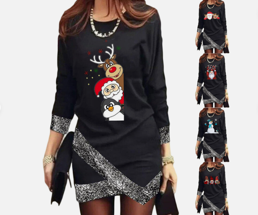 Women's Fashion Leisure Christmas Round Neck Long Sleeve Irregular Hem Dress