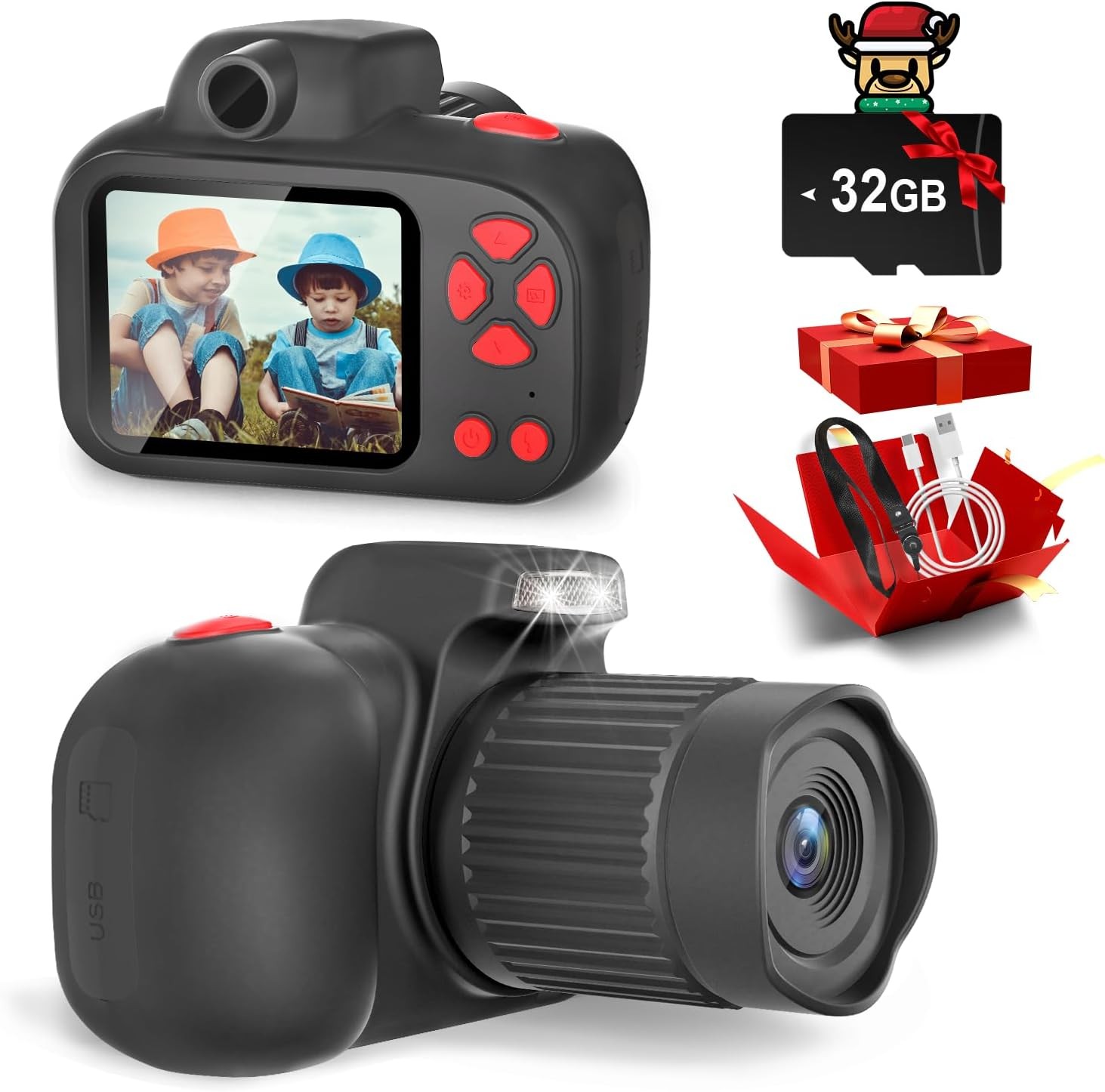 Temodu Kids Camera, Best Birthday Festival Toys Gifts for Girls Boys Age 3 4 5 6 7 8 9 10 11 12 Year Old, Digital Camera for Kids with Video, Toy Camera Toddler Camera for Girls with 32GB Card - Black