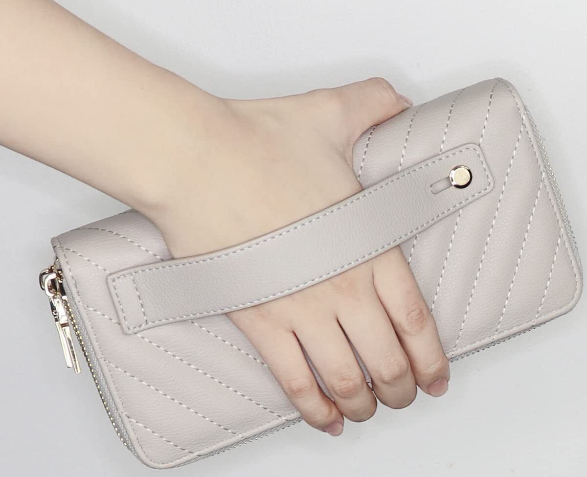 Vegan Leather Double Zipper Pocket Wallet with Grip Hand Strap (Chevron Embroide