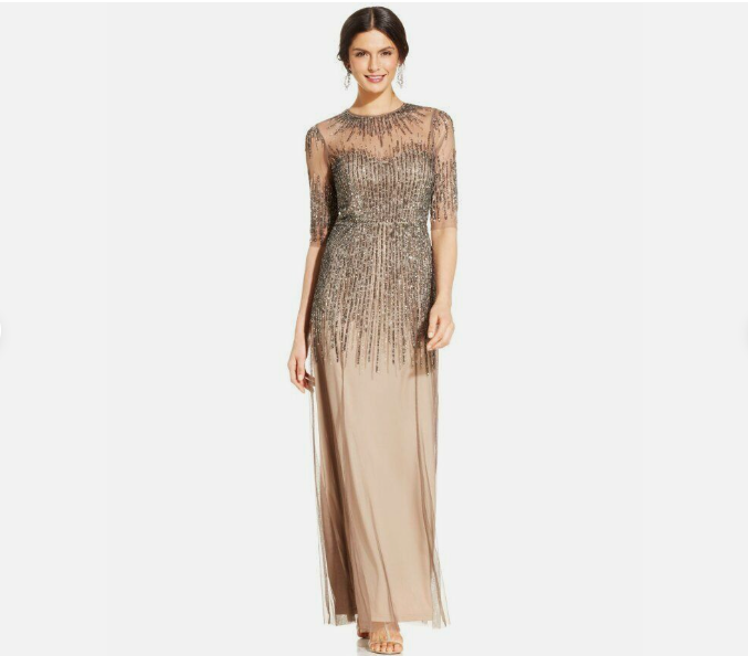 Adrianna Papell Lead Brown Elbow Sleeve Illusion Beaded Sequin Gown 4 A211