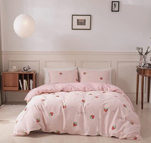 Japanese Style Duvet Cover Set Pink with Strawberry Full/Queen Cute
